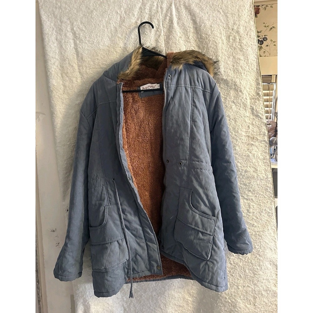 Fengzhiyuan Women's 2XL Hooded Parka Faux Fur Trim Blue Sherpa Lined Zip Coat